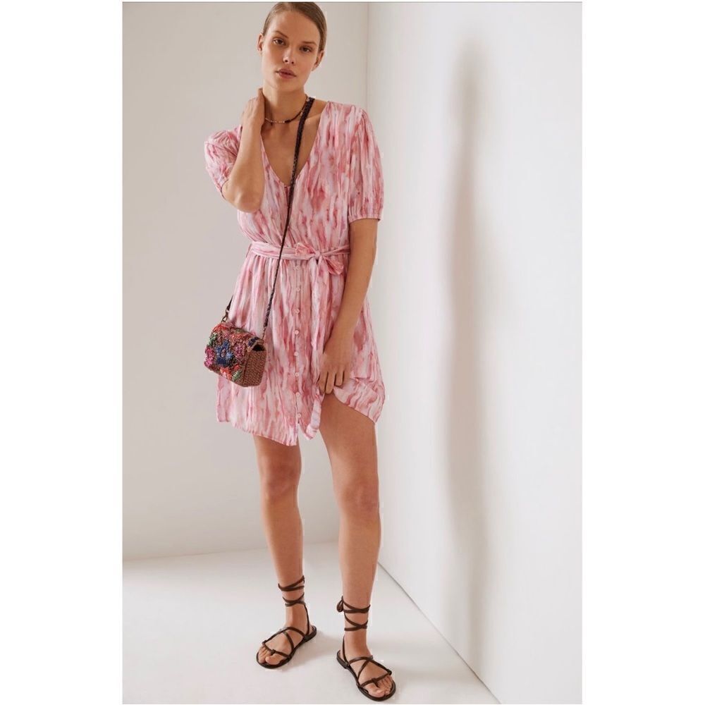 NEW Anthropologie Cloth & Stone Pink Watercolor Button Front Mini Dress X-Large